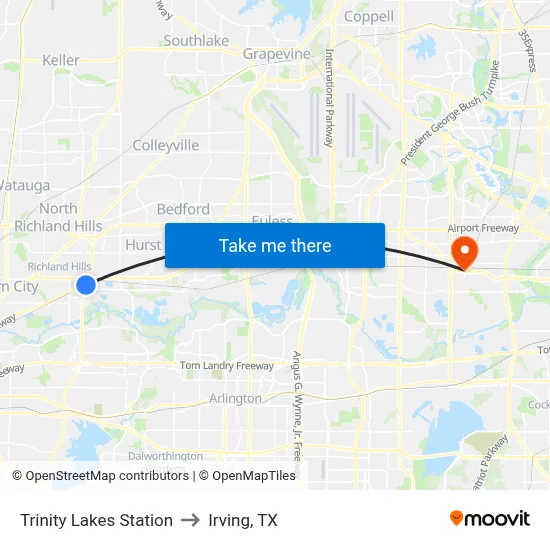 Trinity Lakes Station to Irving, TX map