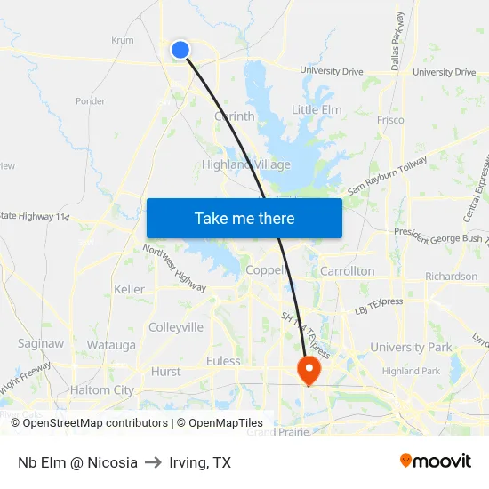 Nb Elm @ Nicosia to Irving, TX map