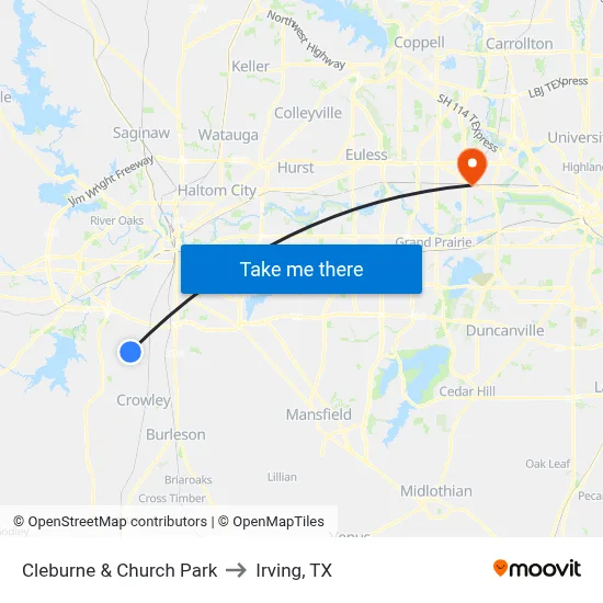 Cleburne & Church Park to Irving, TX map