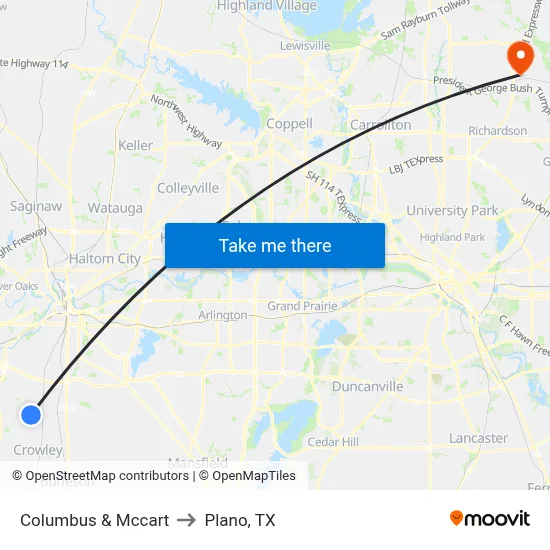 Columbus & Mccart to Plano, TX map