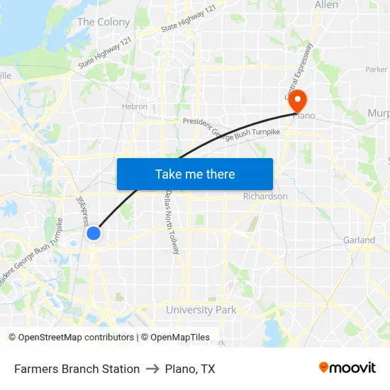 Farmers Branch Station to Plano, TX map