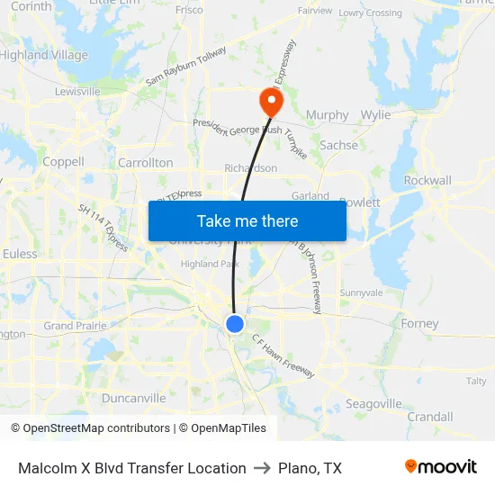 Malcolm X Blvd Transfer Location to Plano, TX map