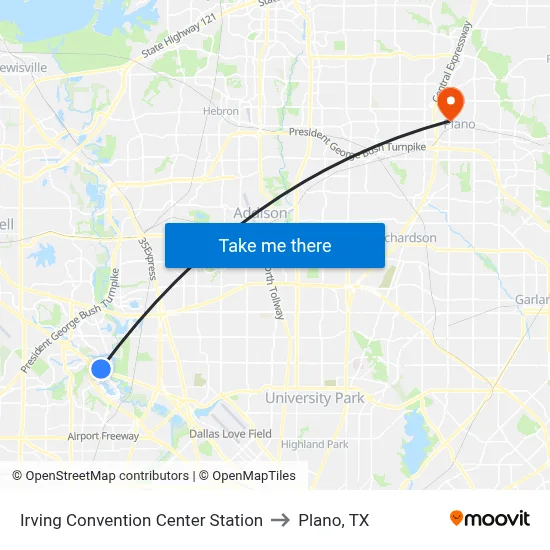 Irving Convention Center Station to Plano, TX map