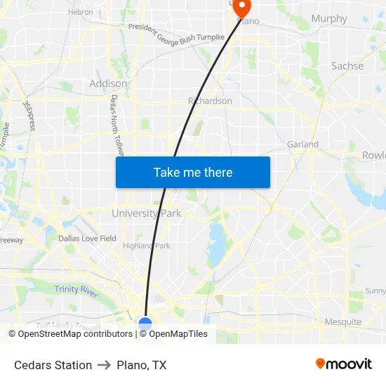 Cedars Station to Plano, TX map