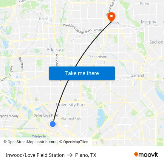 Inwood/Love Field Station to Plano, TX map