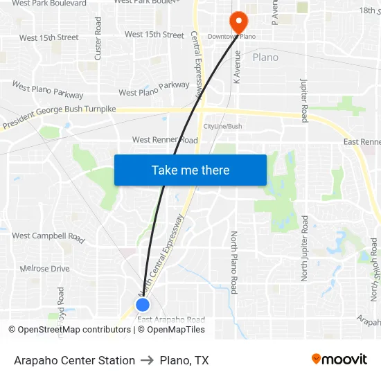 Arapaho Center Station to Plano, TX map