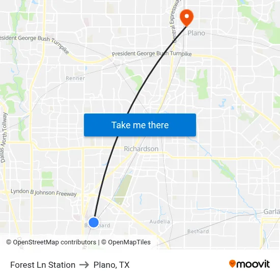 Forest Ln Station to Plano, TX map