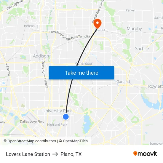 Lovers Lane Station to Plano, TX map