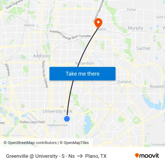 Greenville @ University - S - Ns to Plano, TX map