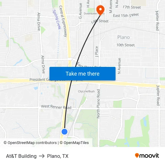 At&T Building to Plano, TX map