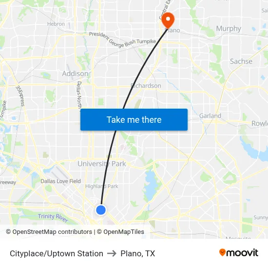 Cityplace/Uptown Station to Plano, TX map
