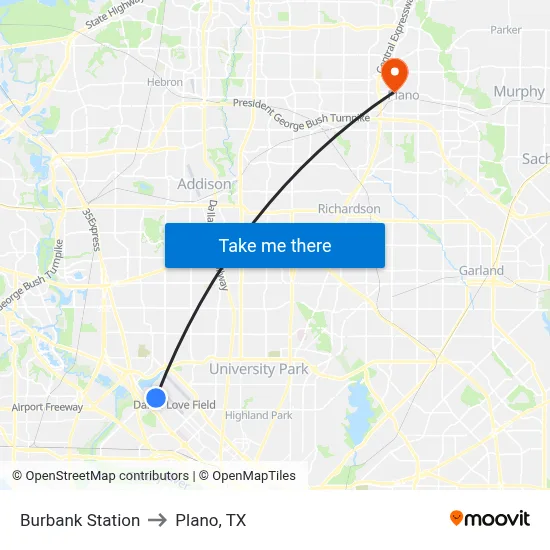 Burbank Station to Plano, TX map