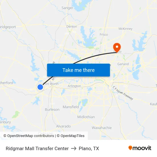 Ridgmar Mall Transfer Center to Plano, TX map