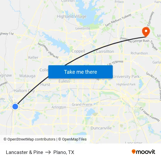 Lancaster & Pine to Plano, TX map