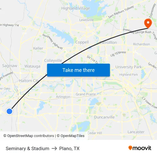Seminary & Stadium to Plano, TX map
