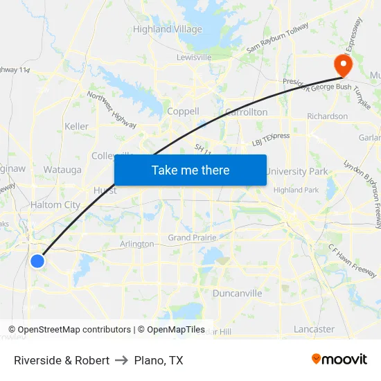 Riverside & Robert to Plano, TX map