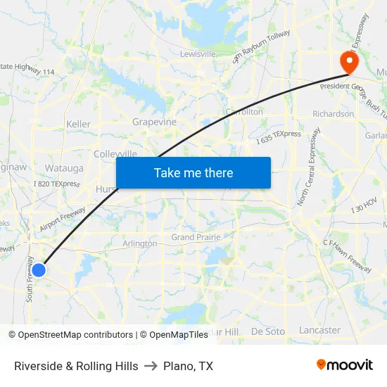 Riverside & Rolling Hills to Plano, TX map