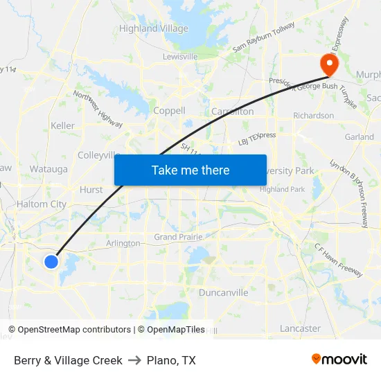 Berry & Village Creek to Plano, TX map