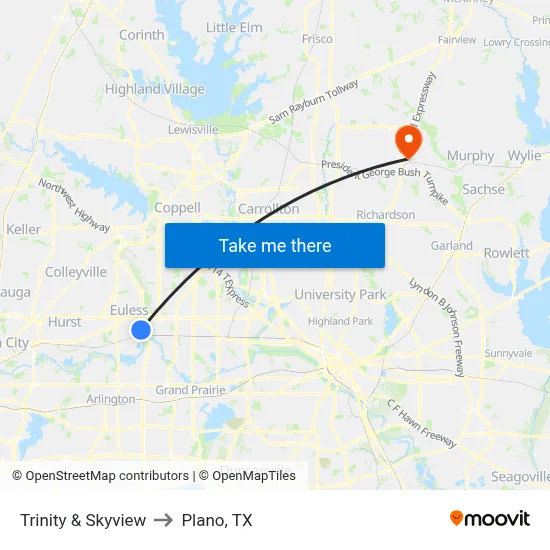 Trinity & Skyview to Plano, TX map