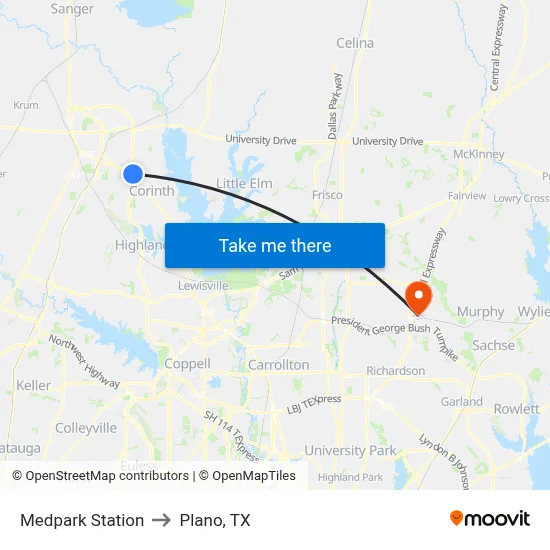 Medpark Station to Plano, TX map