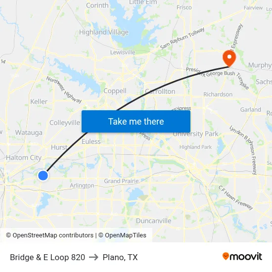 Bridge & E Loop 820 to Plano, TX map