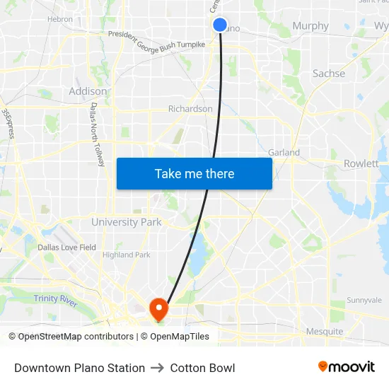 Downtown Plano Station to Cotton Bowl map