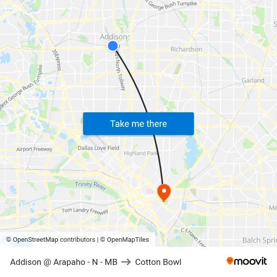 Addison @ Arapaho - N - MB to Cotton Bowl map