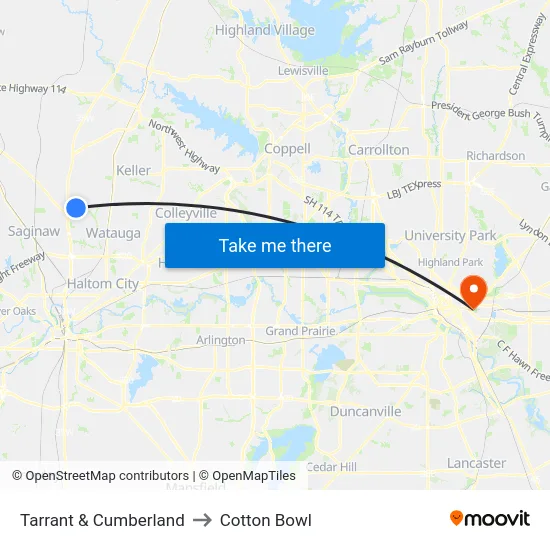 Tarrant & Cumberland to Cotton Bowl map