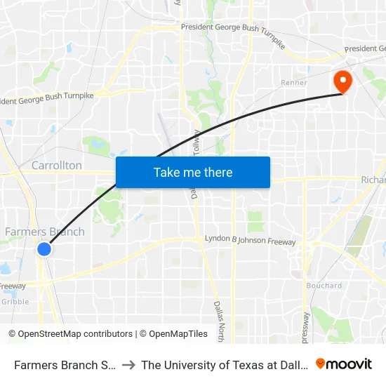 Farmers Branch Station to The University of Texas at Dallas (UTD) map