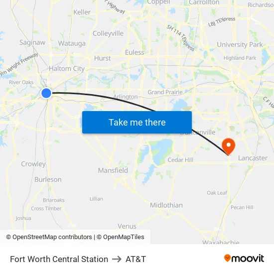 Fort Worth Central Station to AT&T map