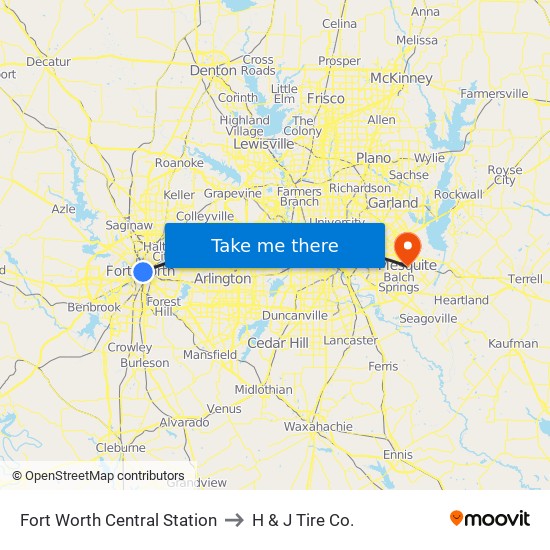 Fort Worth Central Station to H & J Tire Co. map