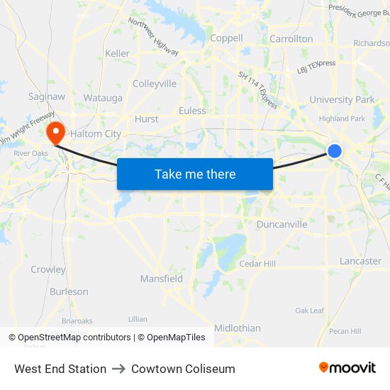 West End Station to Cowtown Coliseum map