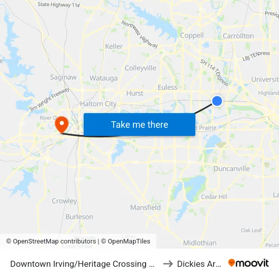 Downtown Irving/Heritage Crossing Station to Dickies Arena map