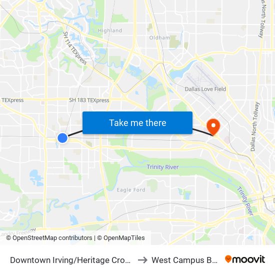 Downtown Irving/Heritage Crossing Station to West Campus Building 3 map