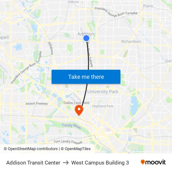 Addison Transit Center to West Campus Building 3 map