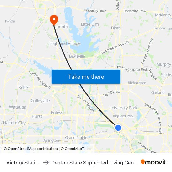 Victory Station to Denton State Supported Living Center map