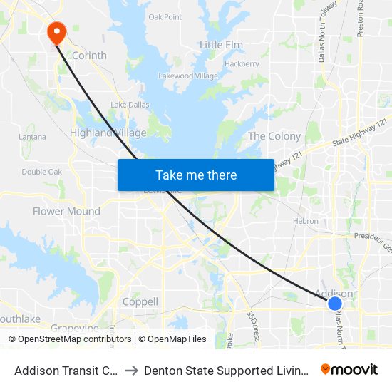 Addison Transit Center to Denton State Supported Living Center map