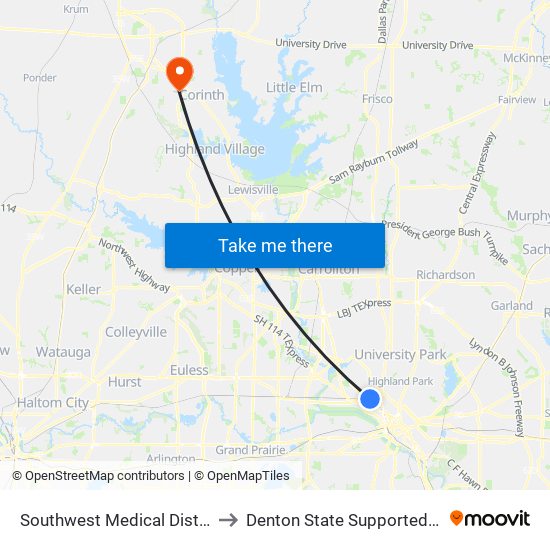 Southwest Medical District/Parkland to Denton State Supported Living Center map