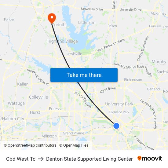 Cbd West Tc to Denton State Supported Living Center map