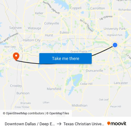 Downtown Dallas / Deep Ellum to Texas Christian University map