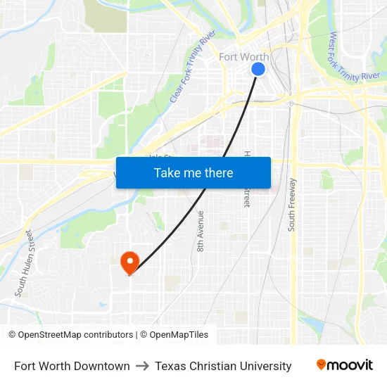 Fort Worth Downtown to Texas Christian University map