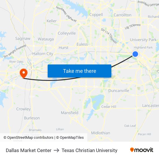 Dallas Market Center to Texas Christian University map