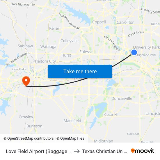 Love Field Airport (Baggage Claims) to Texas Christian University map