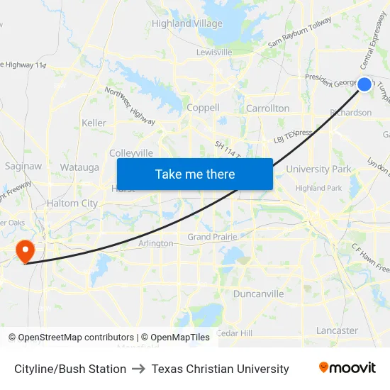 Cityline/Bush Station to Texas Christian University map