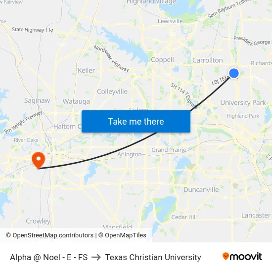 Alpha @ Noel - E - FS to Texas Christian University map