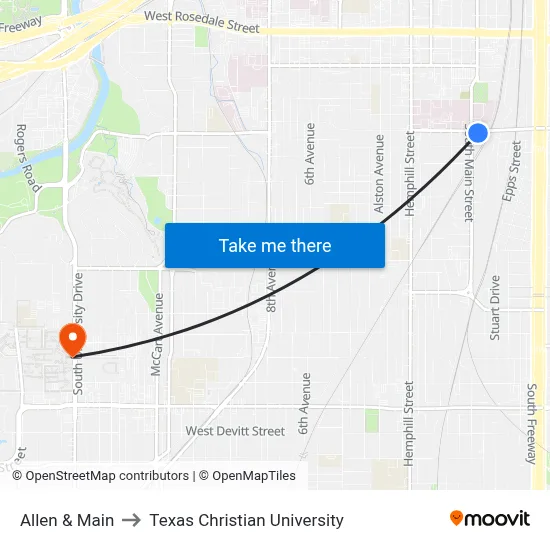 Allen & Main to Texas Christian University map