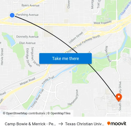Camp Bowie & Merrick - Pershing to Texas Christian University map