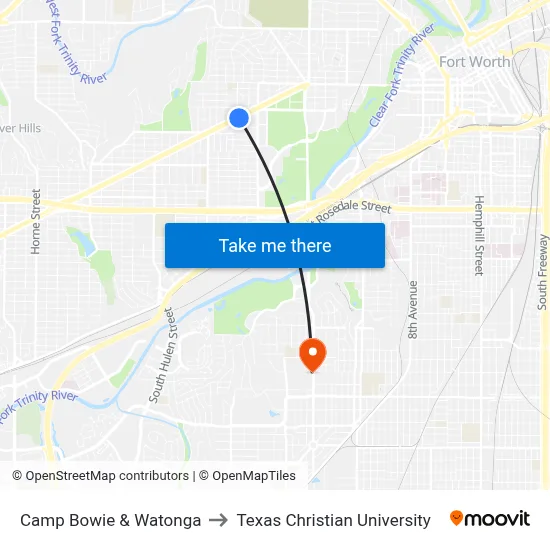 Camp Bowie & Watonga to Texas Christian University map