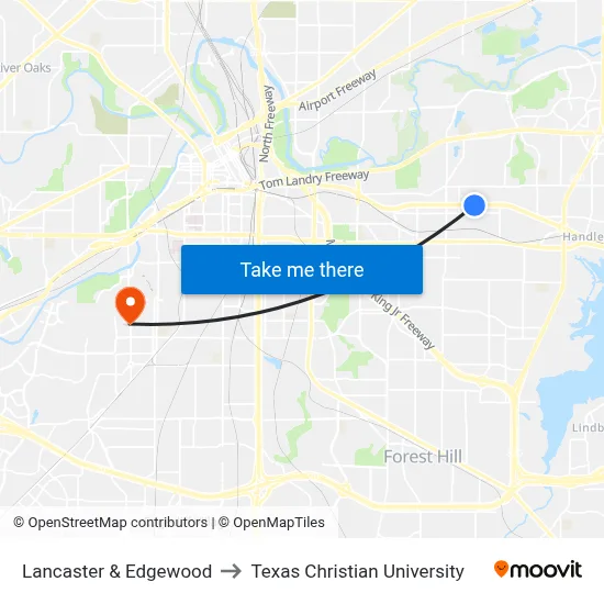 Lancaster & Edgewood to Texas Christian University map