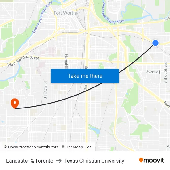 Lancaster & Toronto to Texas Christian University map